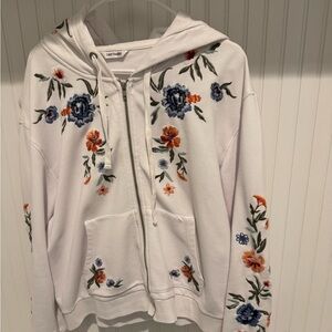 From Sundance Catalog White Hoodie with Blue and Orange Floral Design